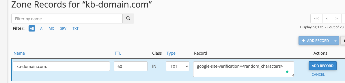 cPanel form for adding a TXT record with google-site-verification value