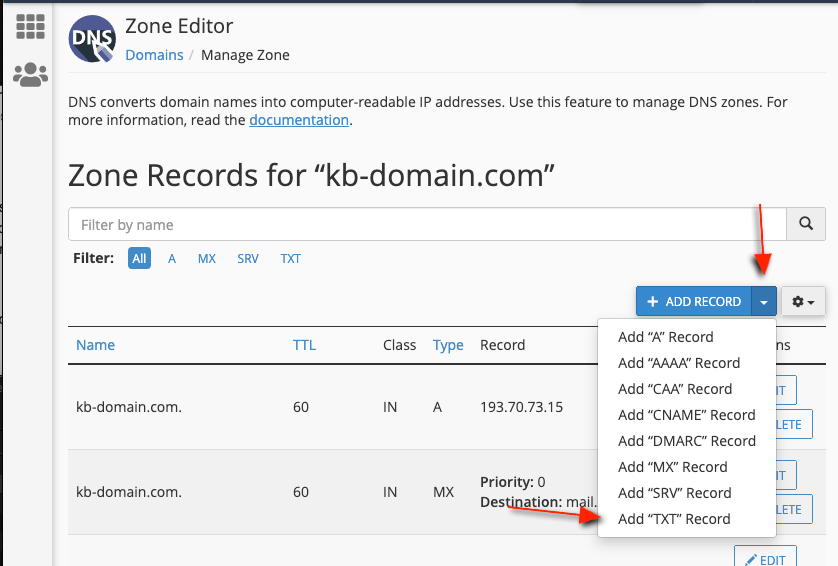 cPanel DNS record types with Add TXT record option