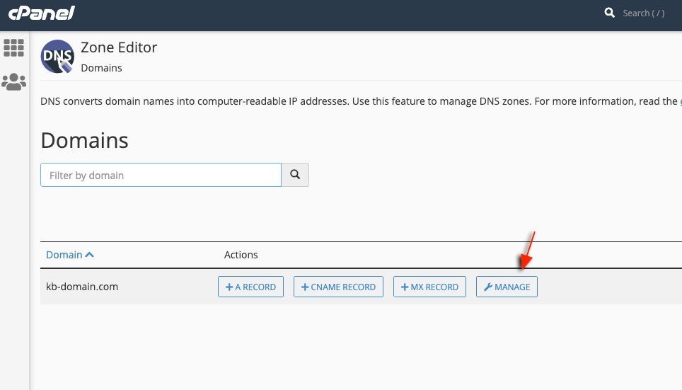 cPanel Zone Editor domain list with Manage action