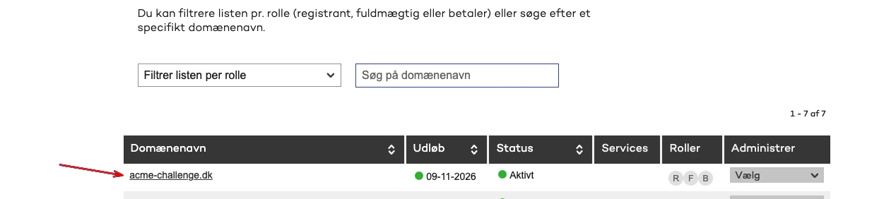 Punktum.dk selvbetjening med domæneliste, hvor du vælger det relevante domæne