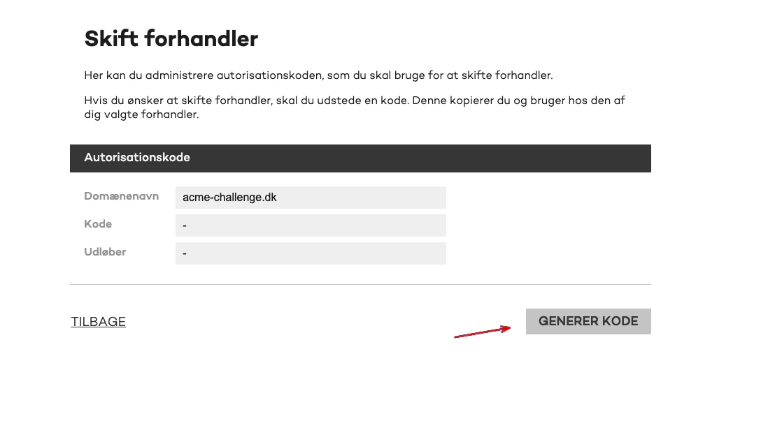 Punktum.dk med fremhævet knappen GENERER KODE til autorisationskode