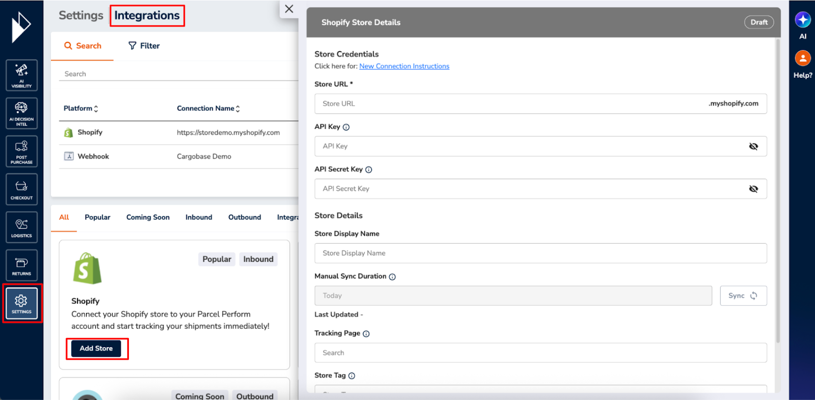 Shopify integration configuration panel