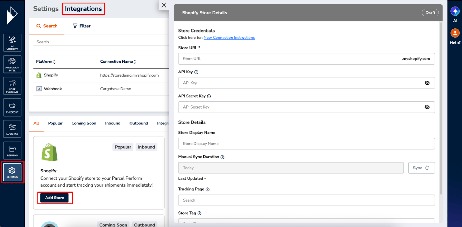 Shopify integration configuration panel