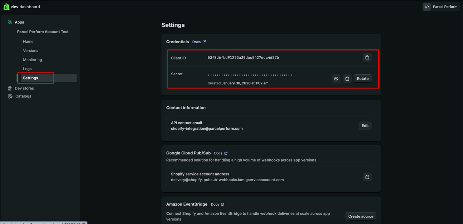 App settings with credentials