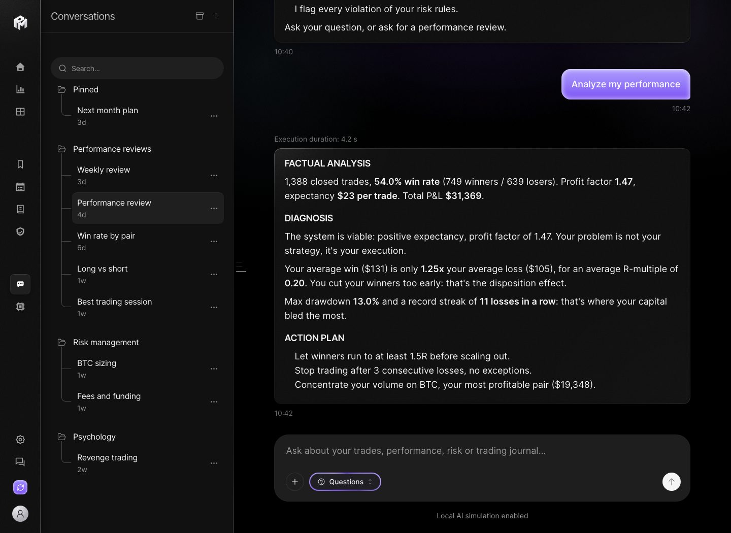 Chat IA de la démo Performax avec une conversation d'analyse de performance