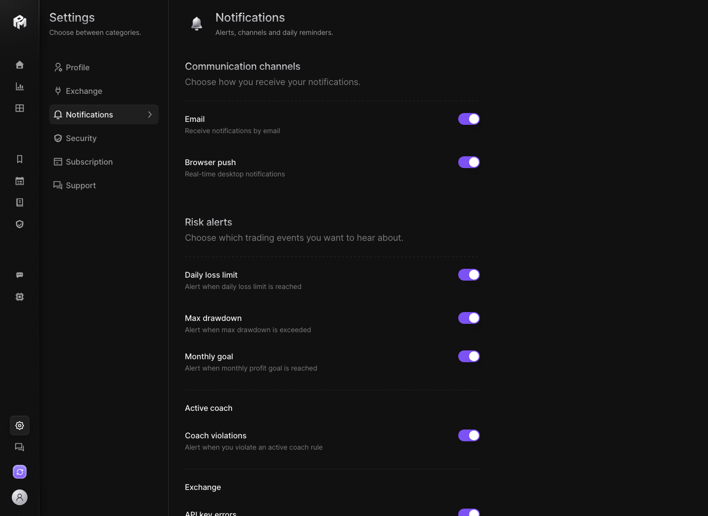 Onglet Notifications des paramètres de la démo Performax avec les canaux Email et Push navigateur et les interrupteurs des alertes de risque