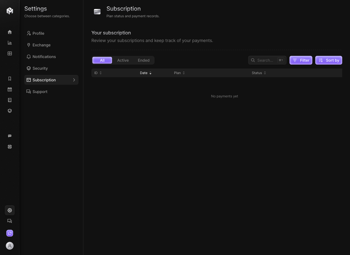 Performax demo Subscription settings showing the All, Active and Ended filters, search, Filter and Sort by buttons, and the payment table