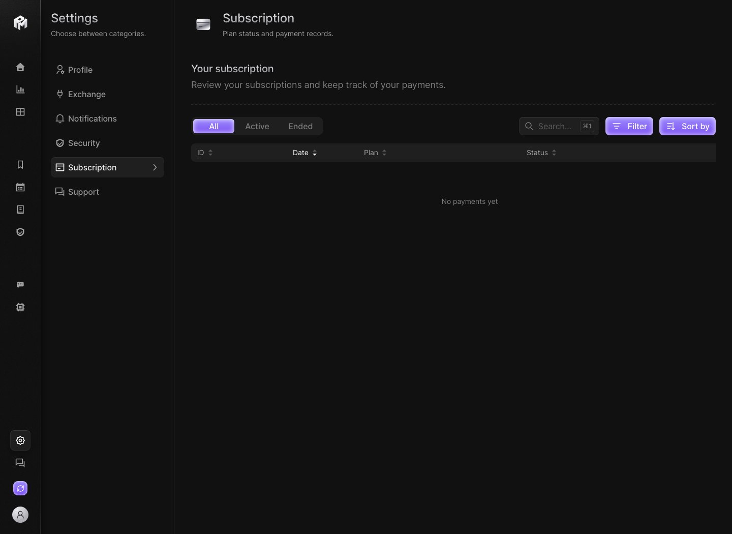 Performax demo Subscription settings showing the All, Active and Ended filters, search, Filter and Sort by buttons, and the payment table