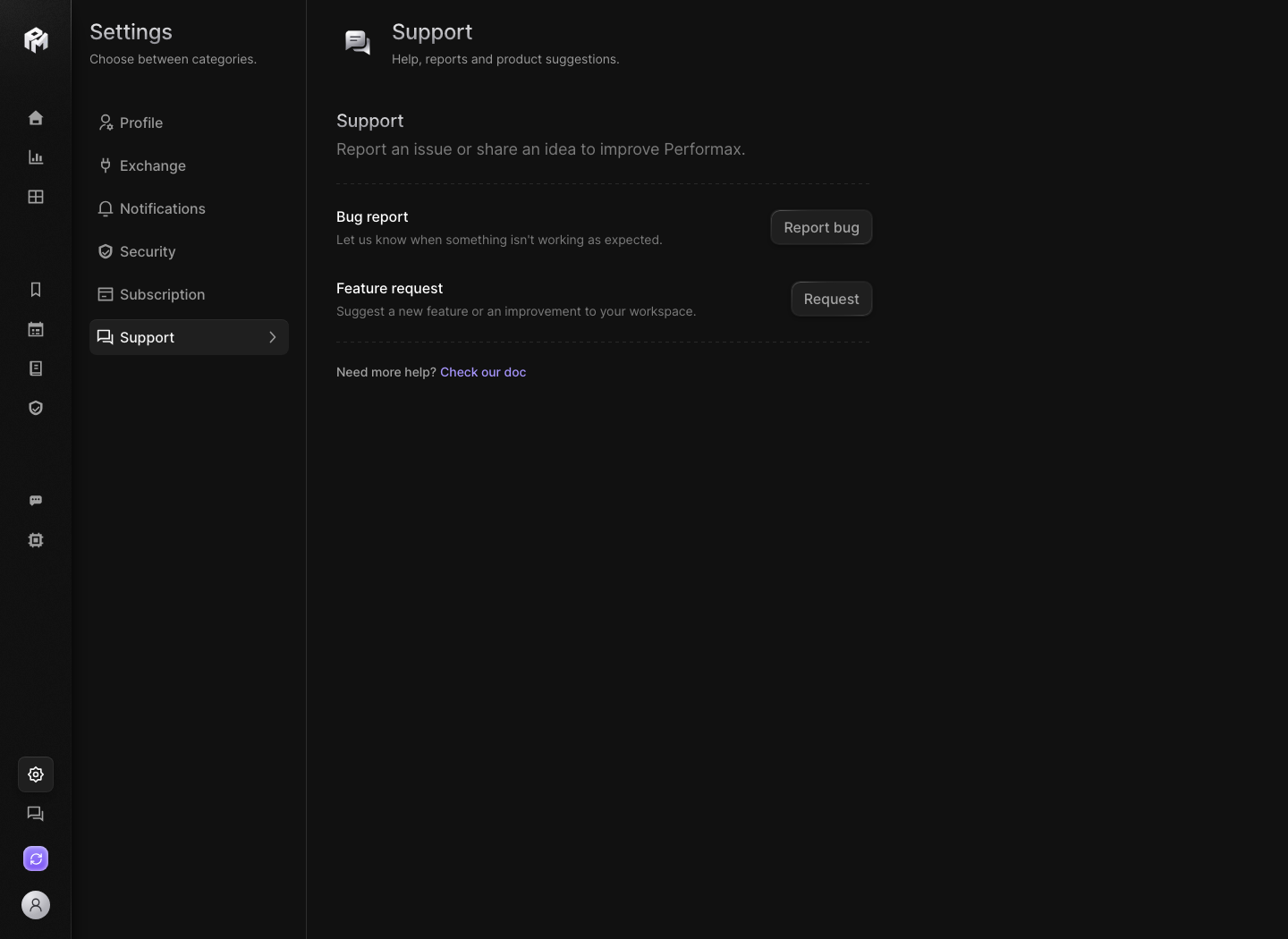 Performax demo Support settings showing the Bug report and Feature request rows and the link to the documentation