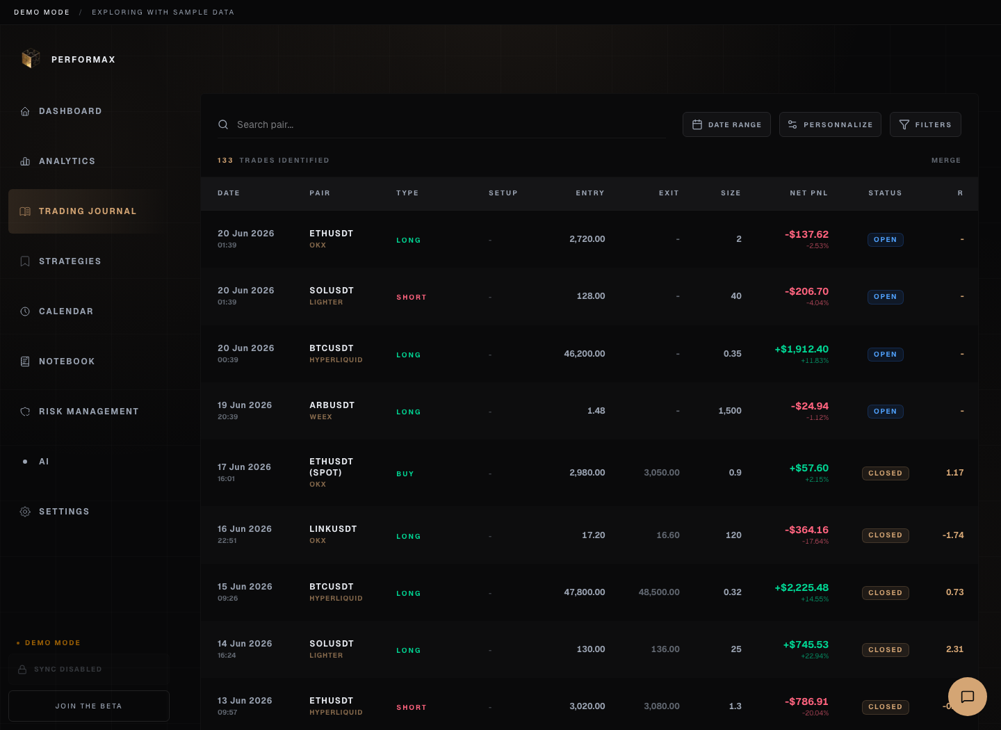 Performax demo trading journal showing filters, date controls, and imported trades