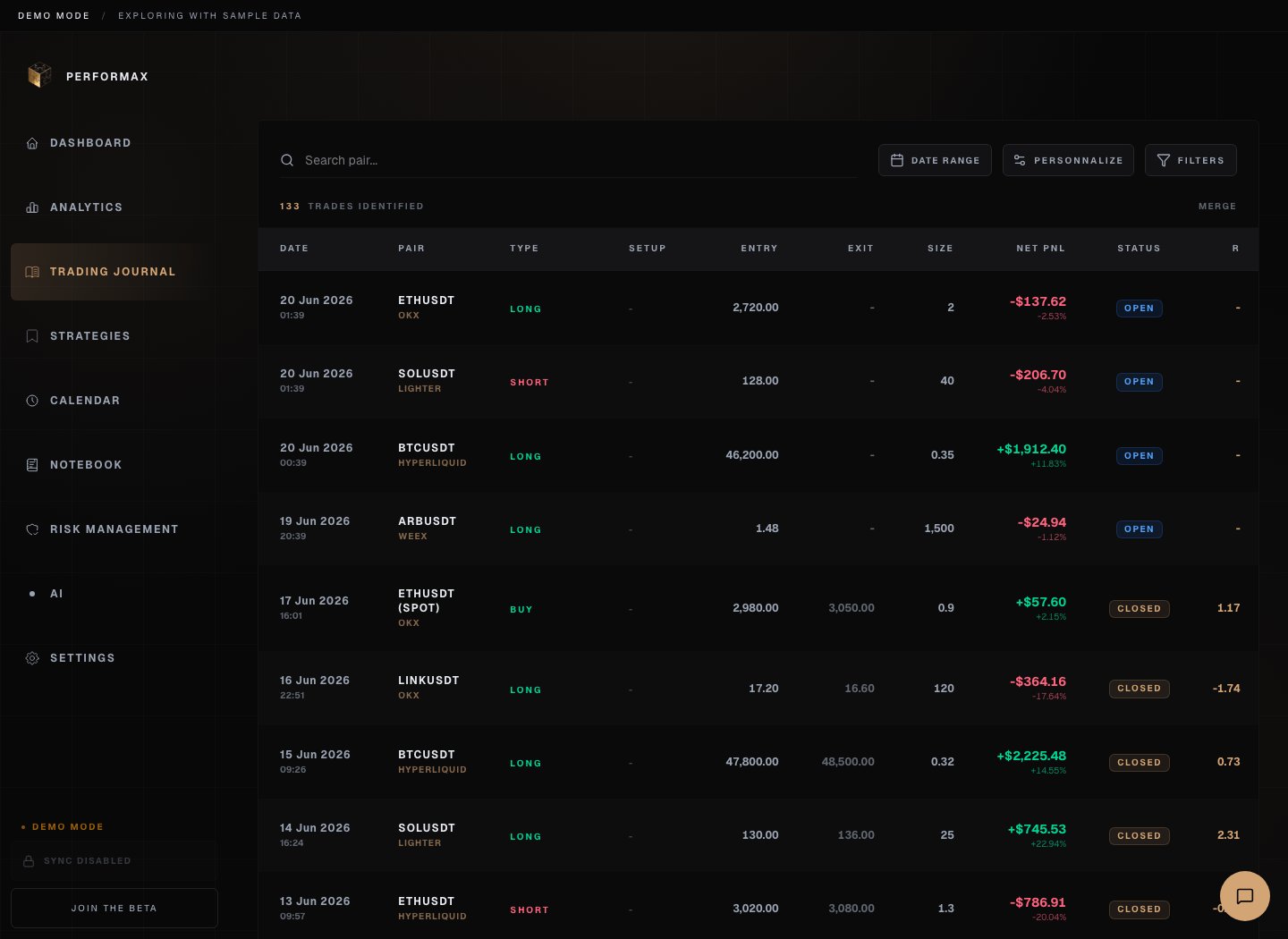 Performax demo trading journal showing filters, date controls, and imported trades