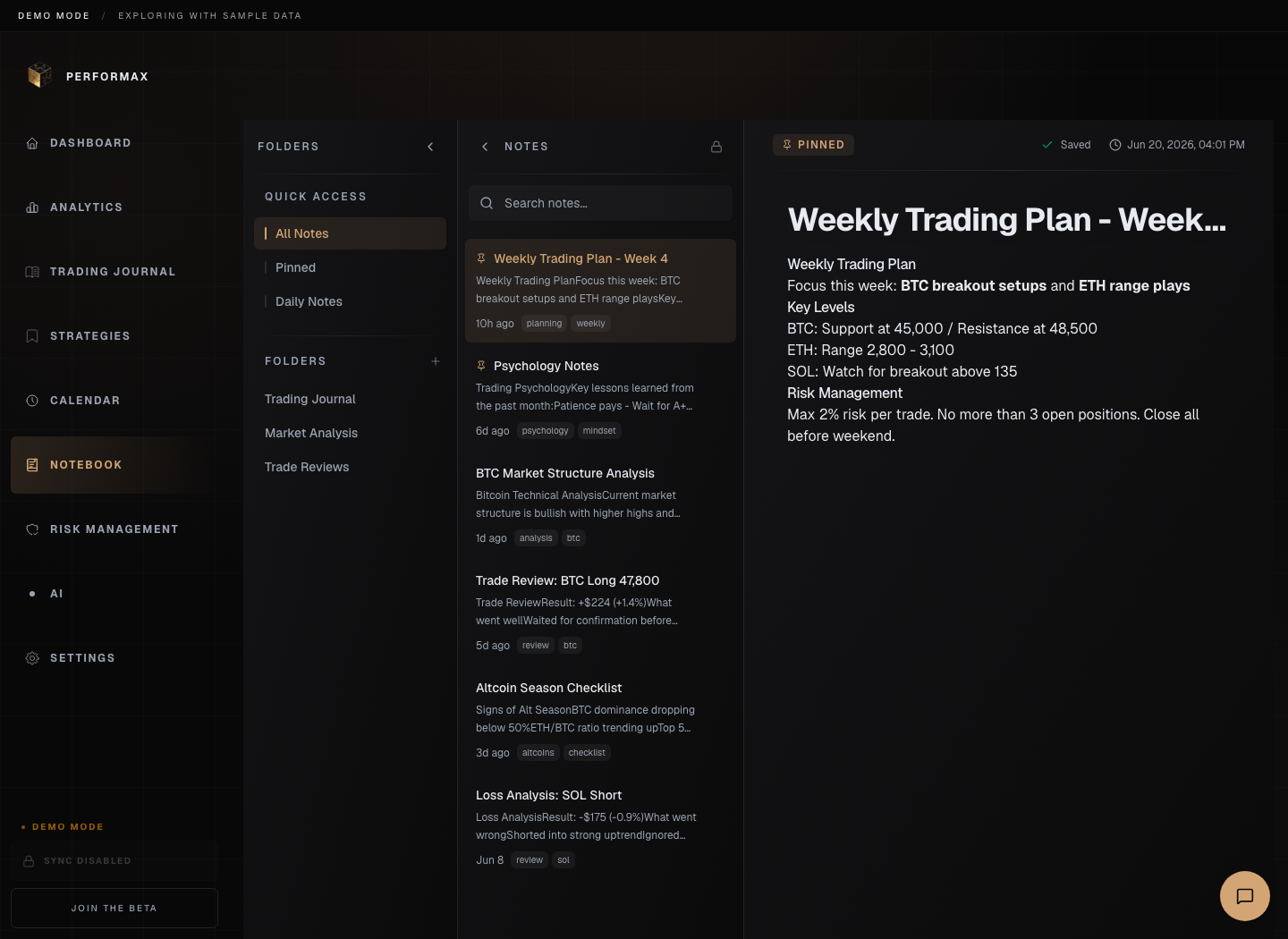 Performax demo notebook showing folders, note list, pinned note state, and an open weekly trading plan