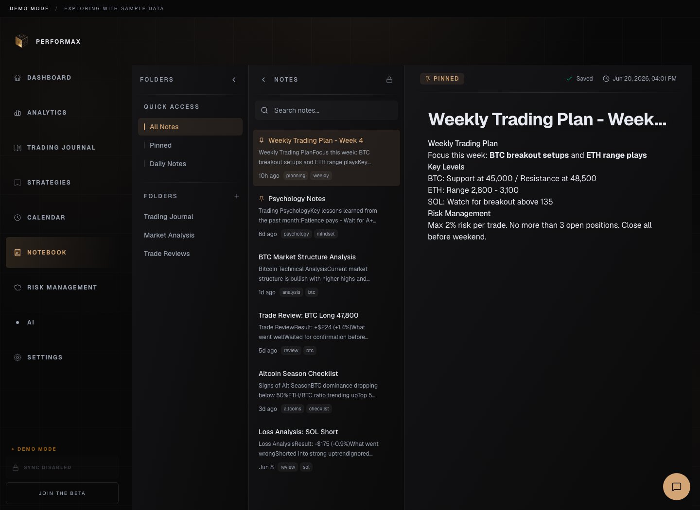 Performax demo notebook showing folders, note list, pinned note state, and an open weekly trading plan