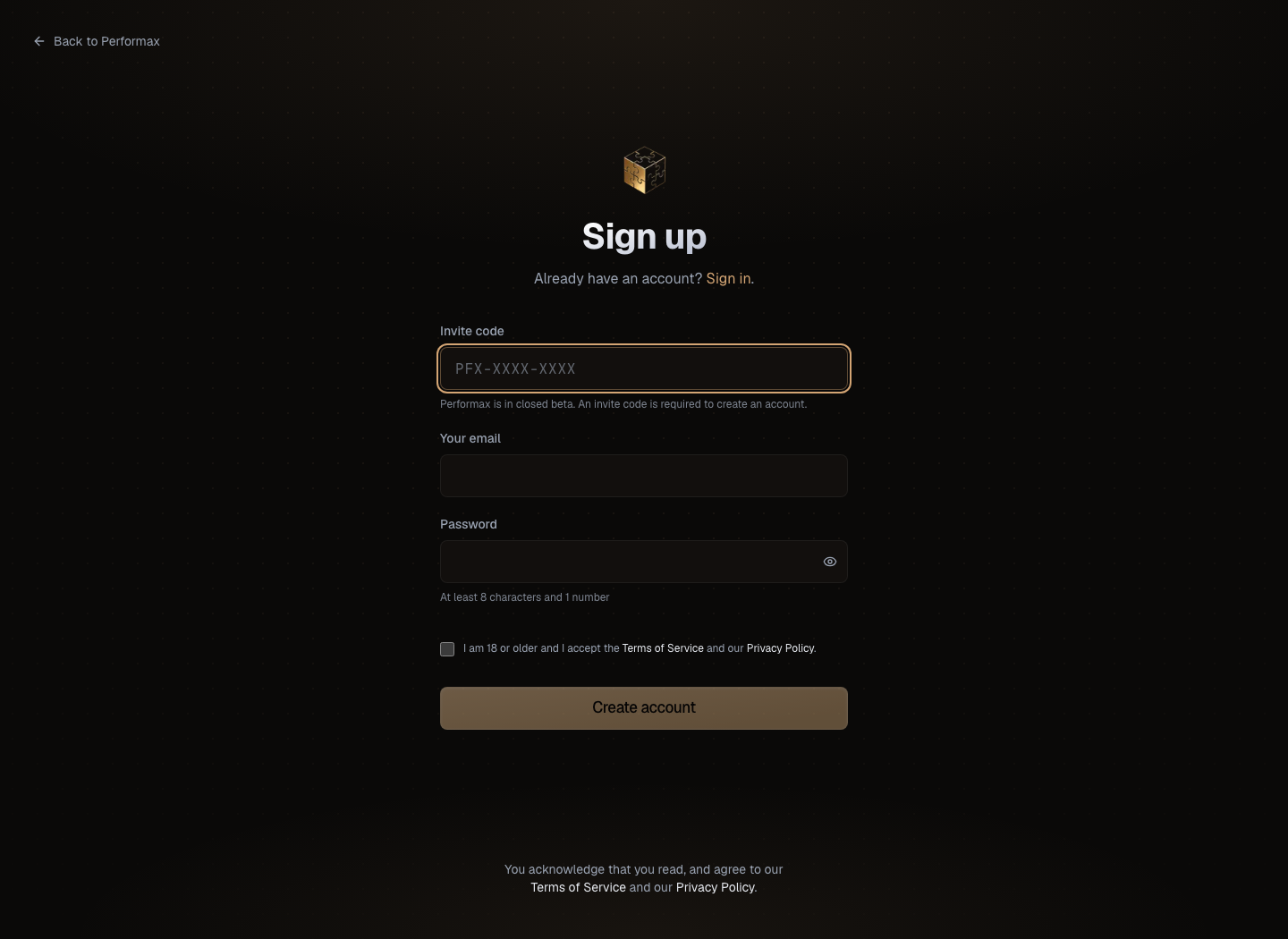 Performax signup screen showing invite code, email, password, terms, and create account fields