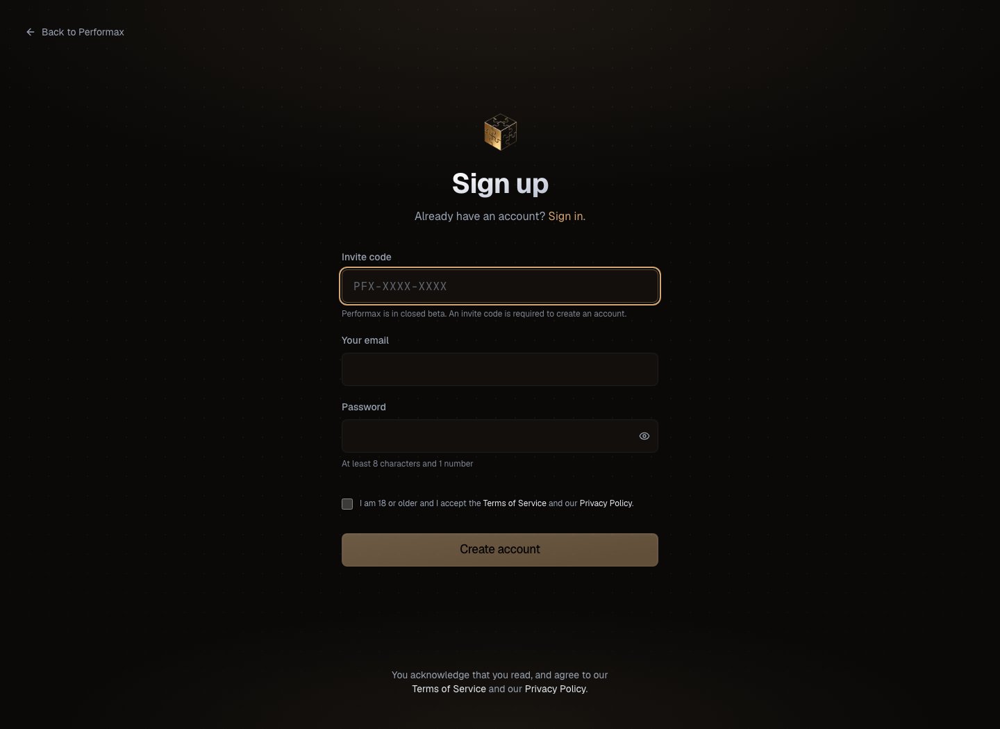 Performax signup screen showing invite code, email, password, terms, and create account fields
