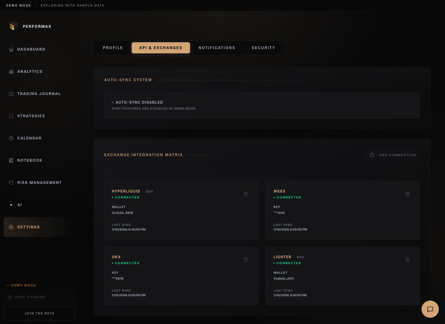 Performax demo API connections settings showing read-only exchange connection cards and sync status