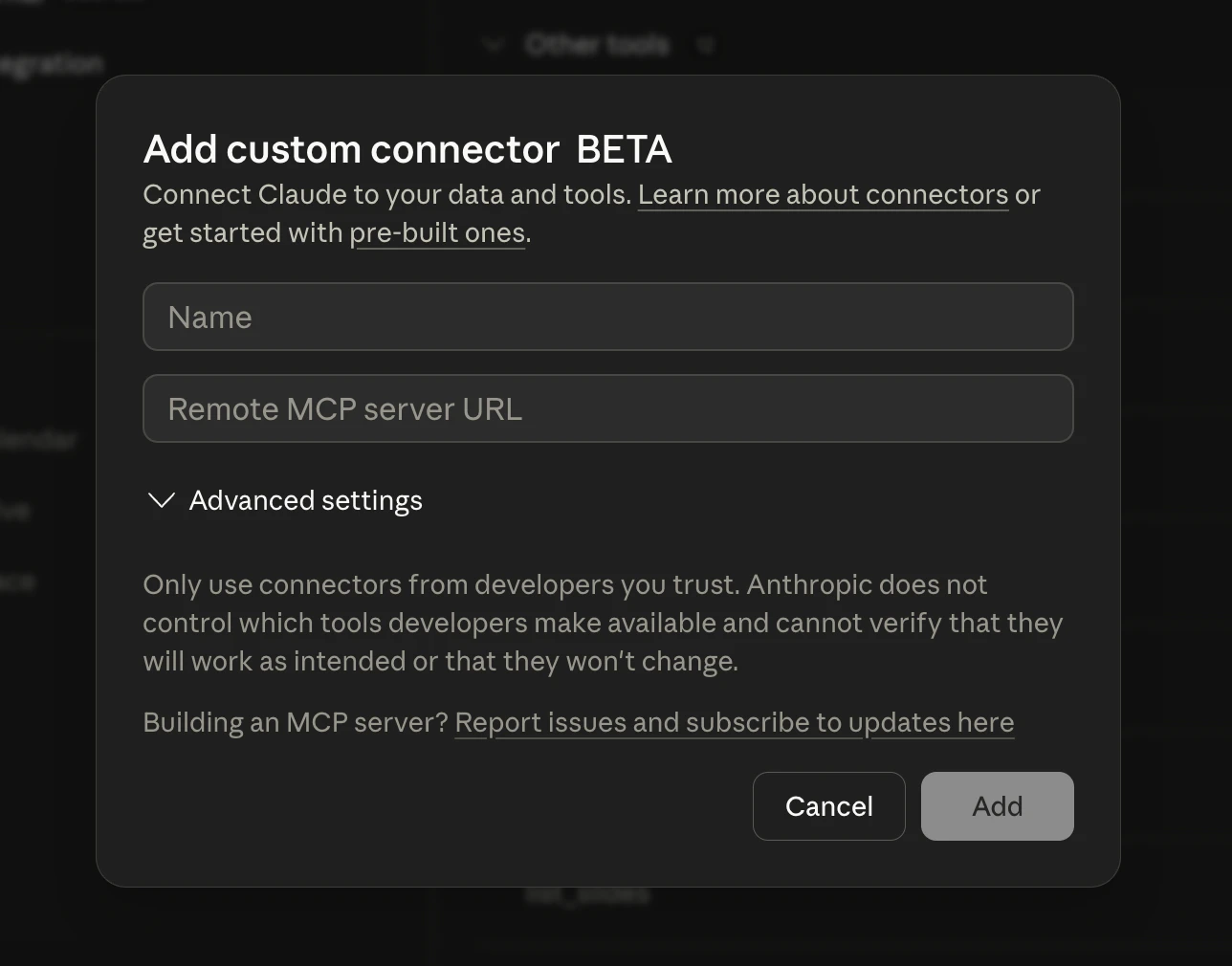Diálogo Add custom connector de Claude con los campos Name y Remote MCP server URL vacíos