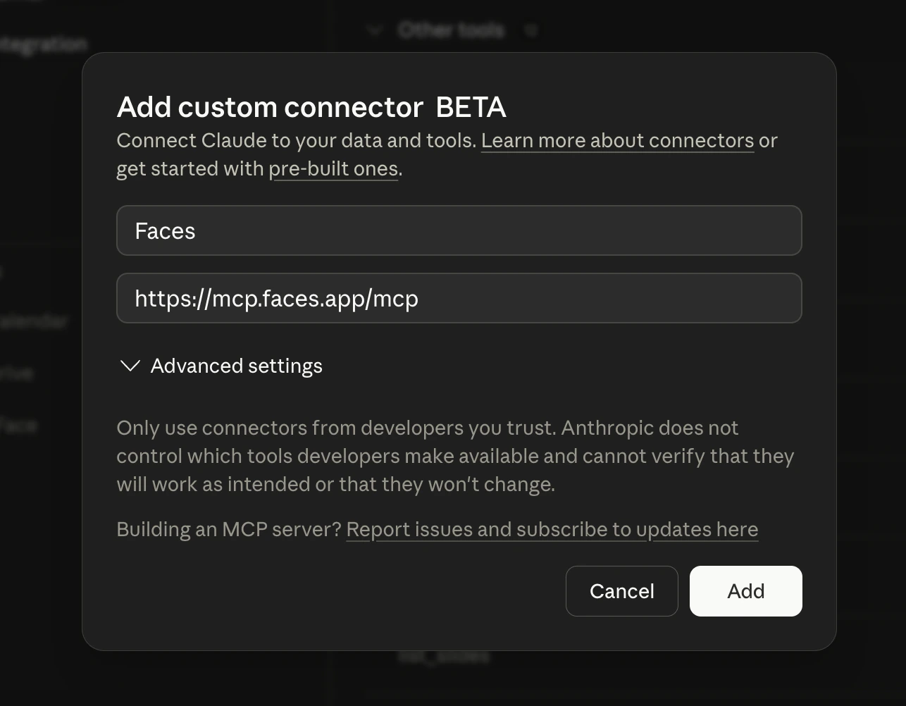El diálogo Add custom connector completado con Faces y https://mcp.faces.app/mcp