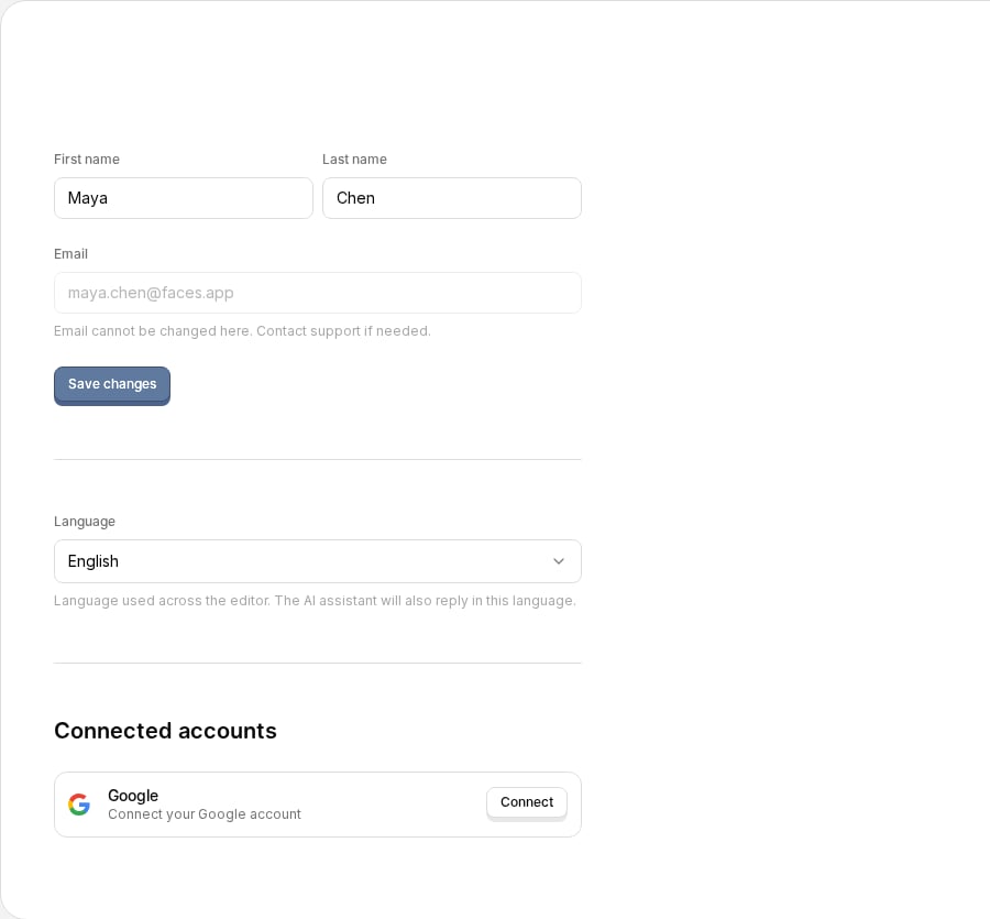 Configuración de cuenta con perfil, idioma y cuentas conectadas
