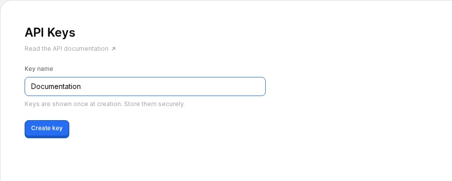 Configuración para desarrolladores con el campo de nombre de la API key y el botón Crear key