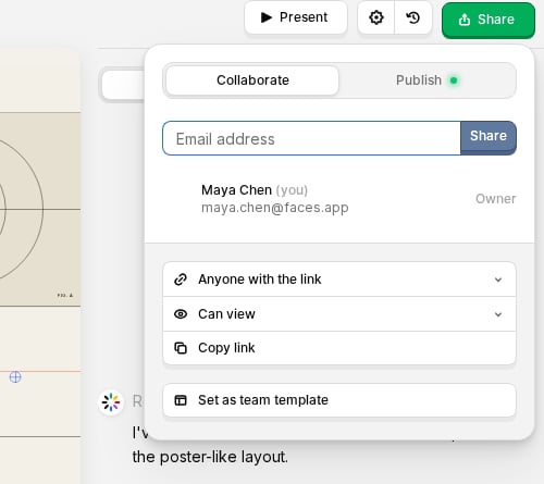 Collaborate tab with an invite field, owner, link access, permission, and copy link controls