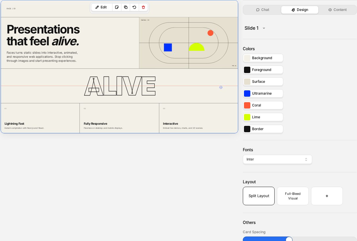 Faces editor Design panel with colors, fonts, layouts, sliders, and a switch