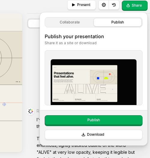 Pestaña Publicar con vista previa del proyecto y acción Descargar
