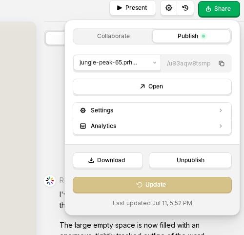 Controles de un proyecto publicado para URL, configuración, analíticas, descarga, actualización y despublicación