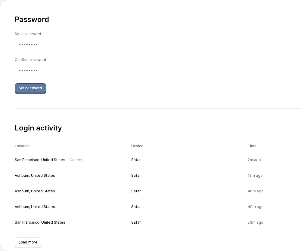 Configuración de seguridad con contraseña, actividad de inicio de sesión y eliminación de cuenta
