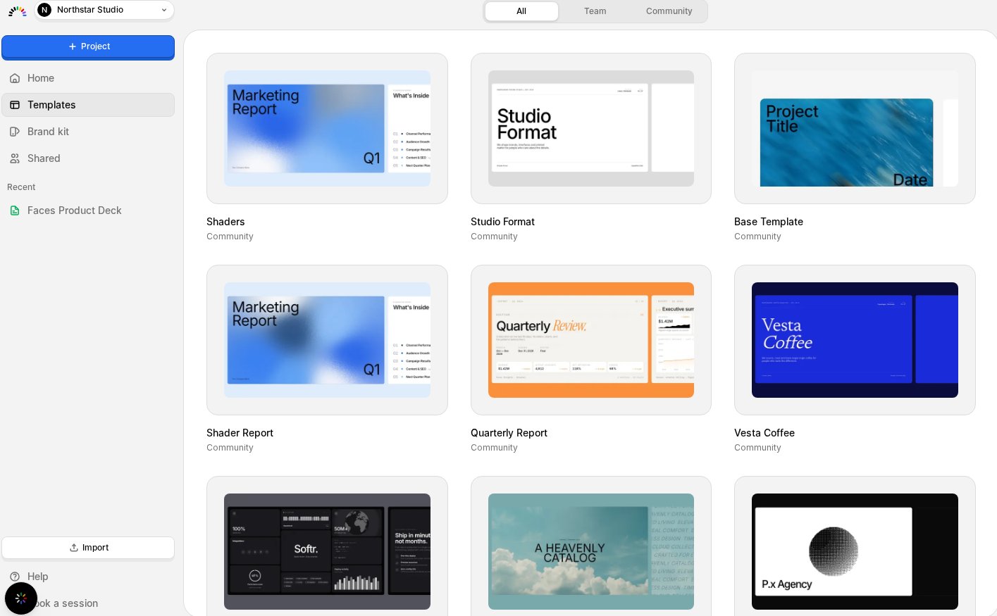 Navigateur de templates Faces filtrable par Tous, Équipe ou Communauté