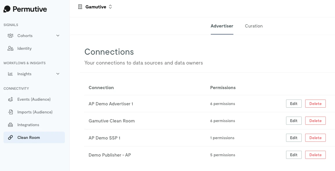 Connections page showing list of advertiser connections