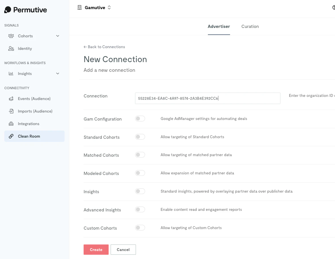 New Connection form with Organization ID and permission toggles