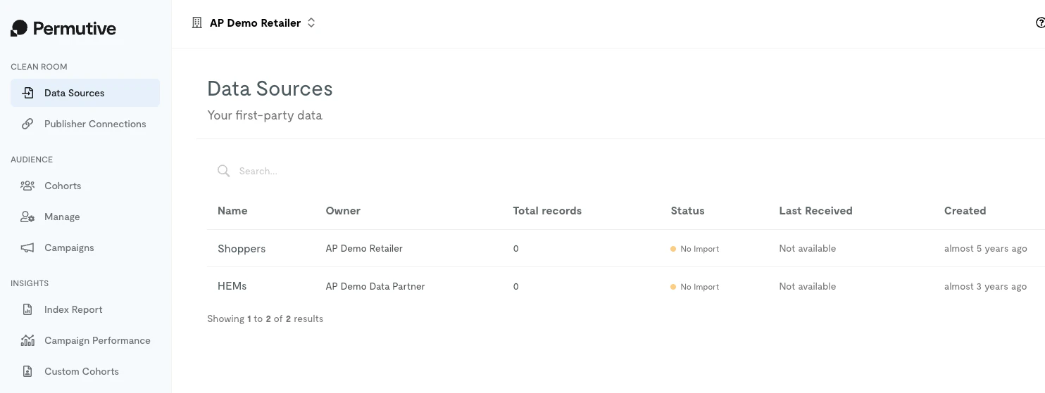 Publisher view: Data Sources page showing permissioned advertiser data