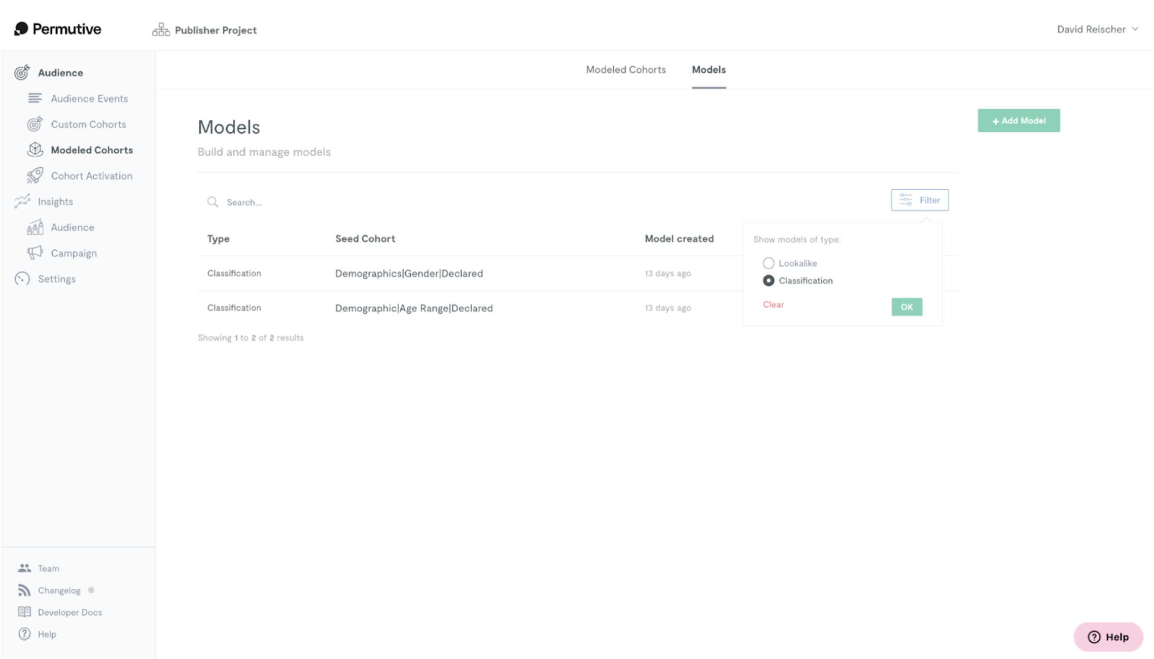 Viewing your classification cohorts by model type
