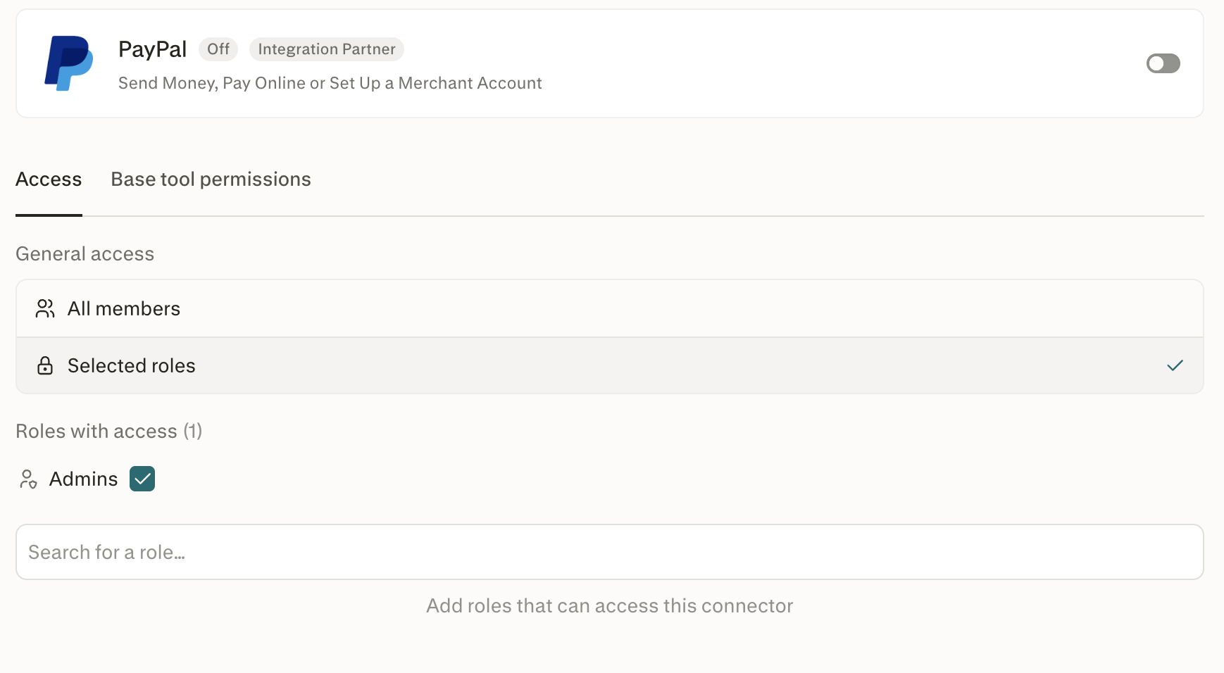 Guia Acesso de um conector desativado com Acesso geral definido como Funções selecionadas e Admins em Funções com acesso