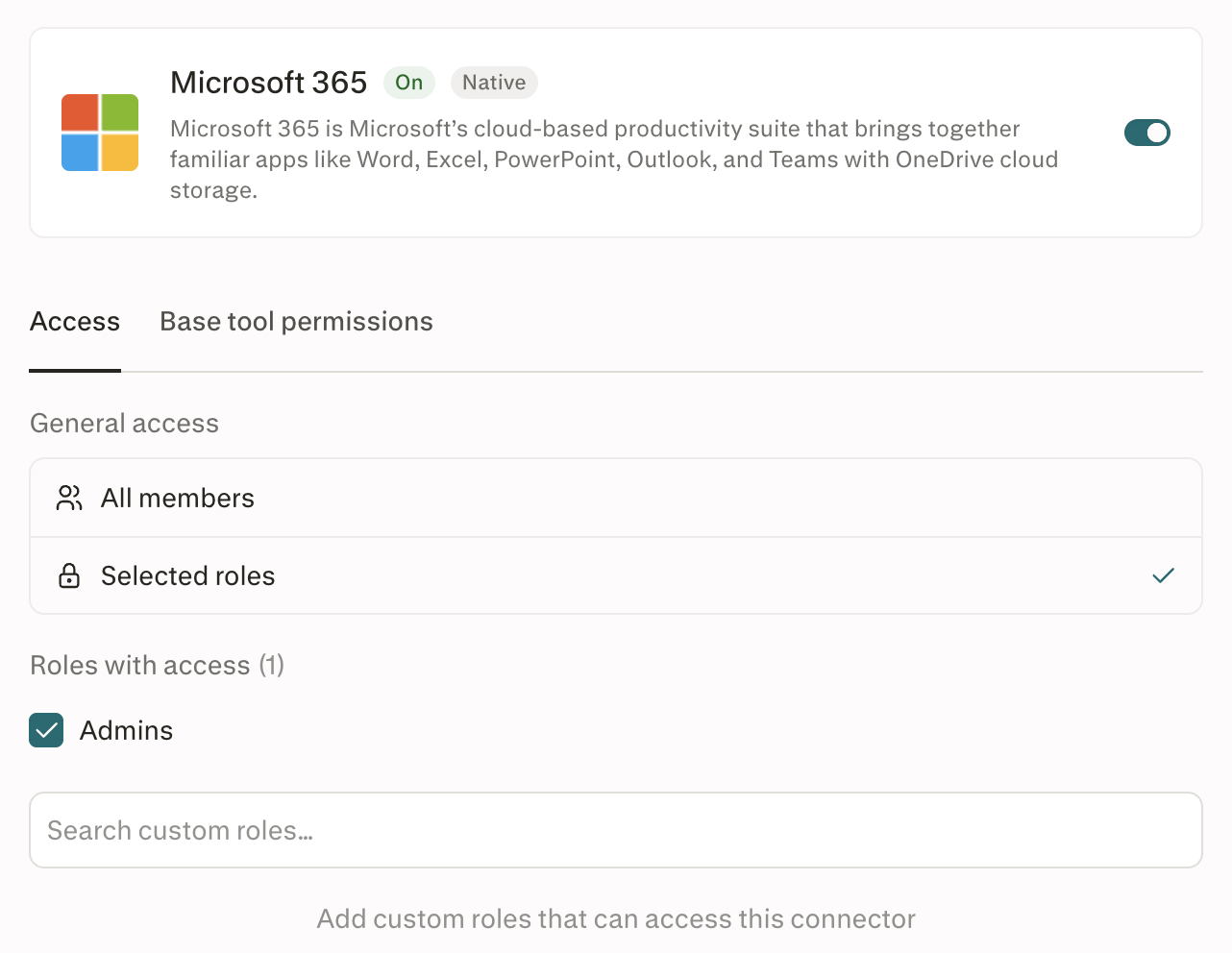 Guia Acesso de um conector do Microsoft 365 ativado com Funções selecionadas e um campo de pesquisa para funções personalizadas