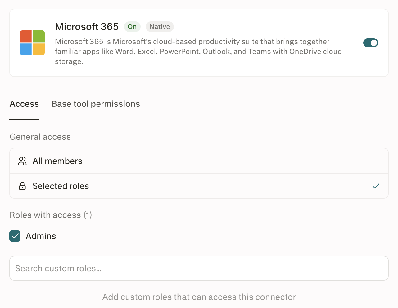 Guia Acesso de um conector do Microsoft 365 ativado com Funções selecionadas e um campo de pesquisa para funções personalizadas