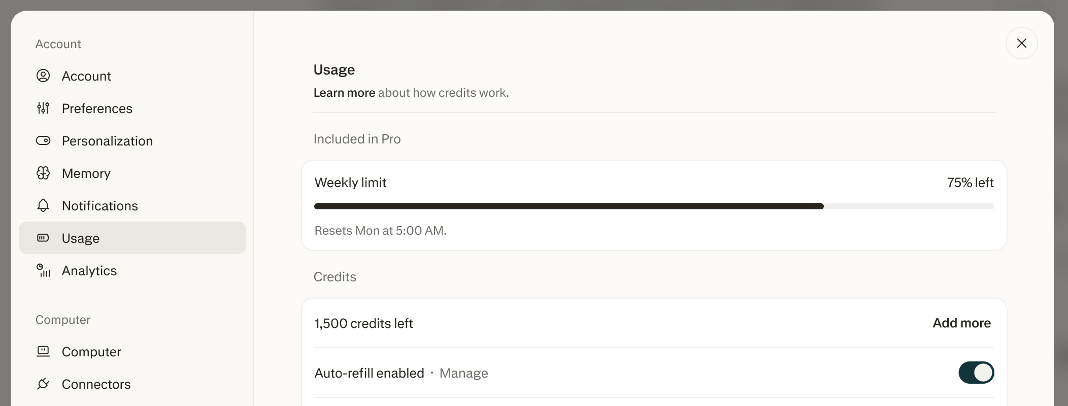 Usage page with auto-refill enabled, showing the Included in Pro weekly limit and the Credits section