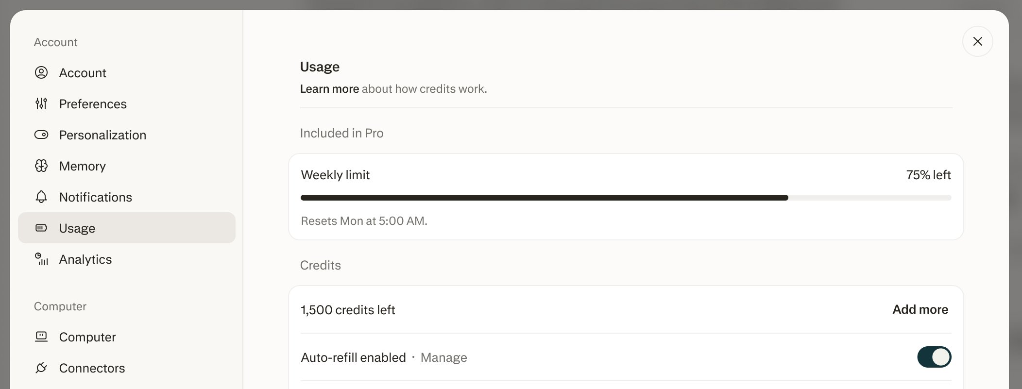 Usage page with auto-refill enabled, showing the Included in Pro weekly limit and the Credits section