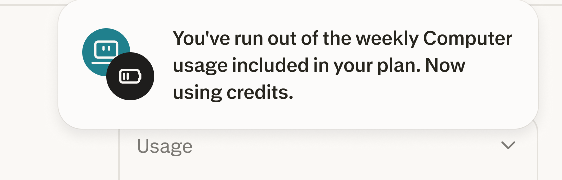 In-session notice: You've run out of the weekly Computer usage included in your plan. Now using credits.