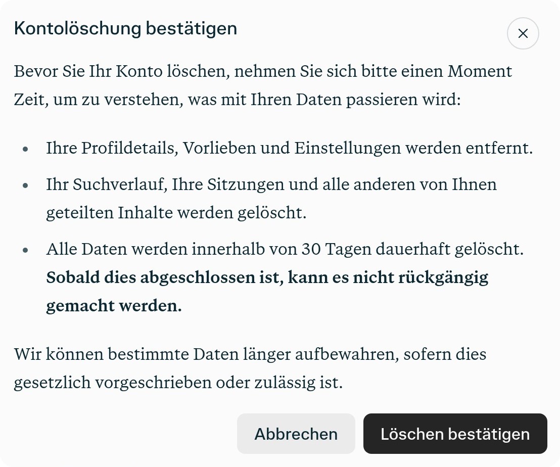 Bestätigungsdialog zur Kontolöschung in den Perplexity-Kontoeinstellungen