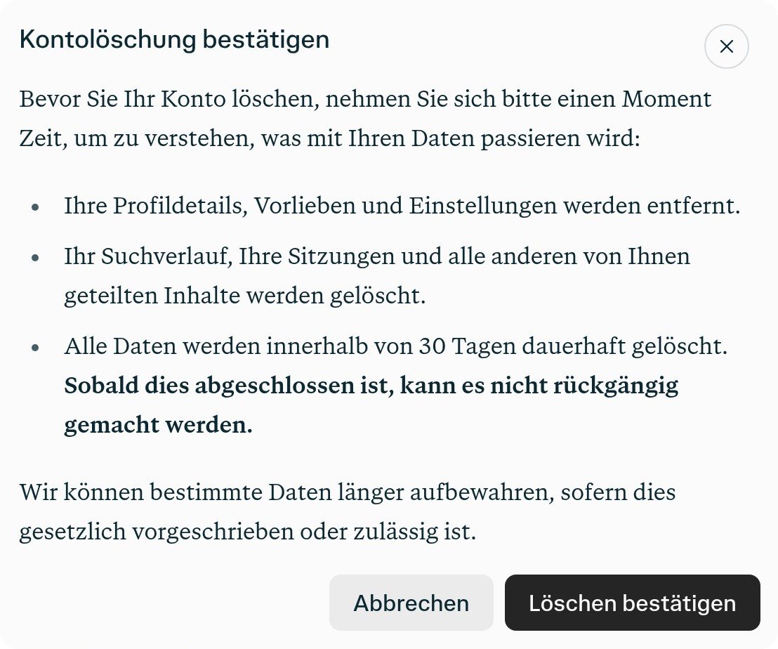 Bestätigungsdialog zur Kontolöschung in den Perplexity-Kontoeinstellungen