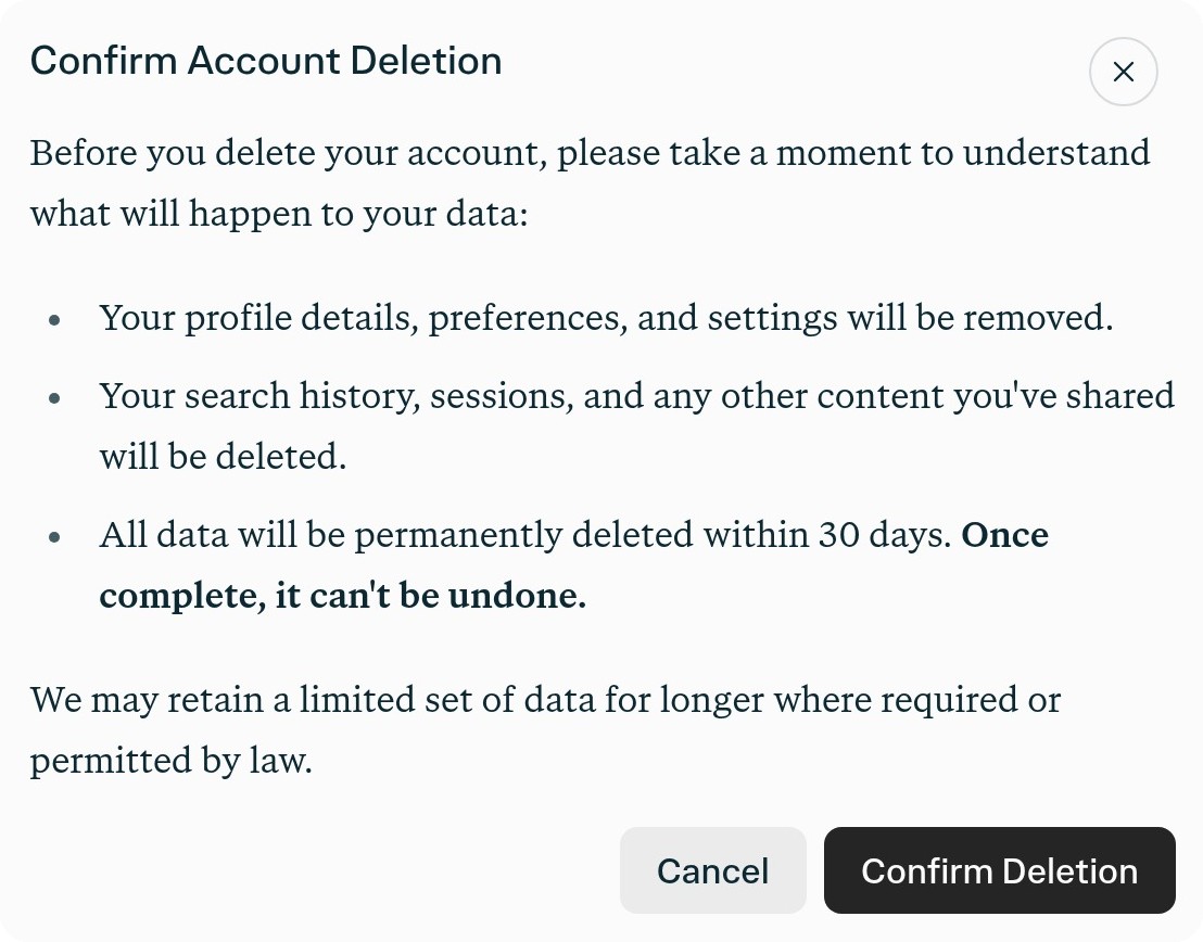 Confirm Account Deletion modal in Perplexity account settings