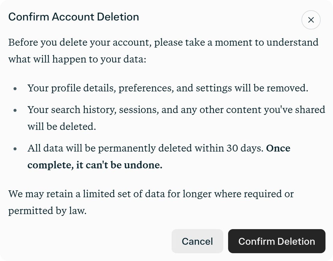 Confirm Account Deletion modal in Perplexity account settings