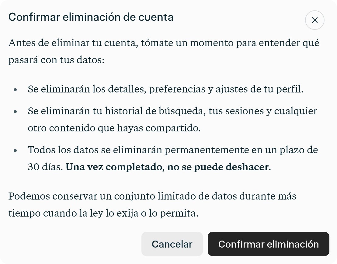 Ventana de confirmación de eliminación de cuenta en la configuración de la cuenta de Perplexity