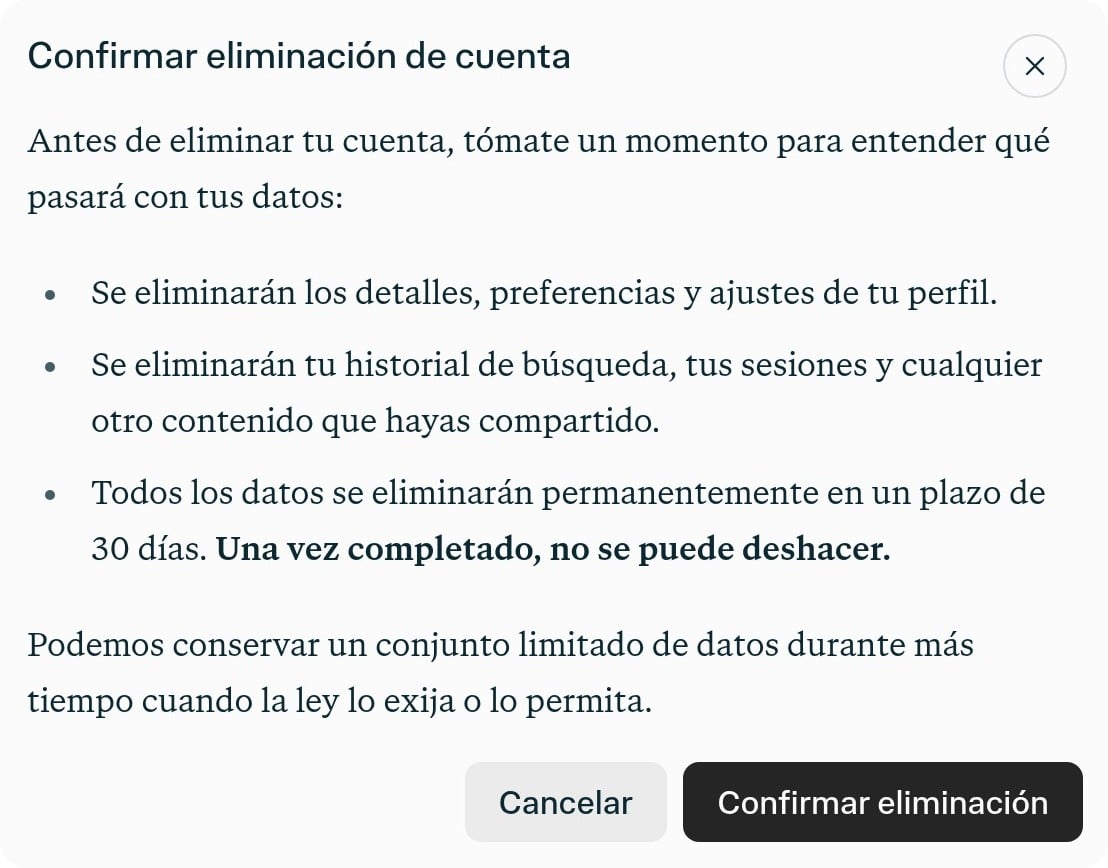 Ventana de confirmación de eliminación de cuenta en la configuración de la cuenta de Perplexity