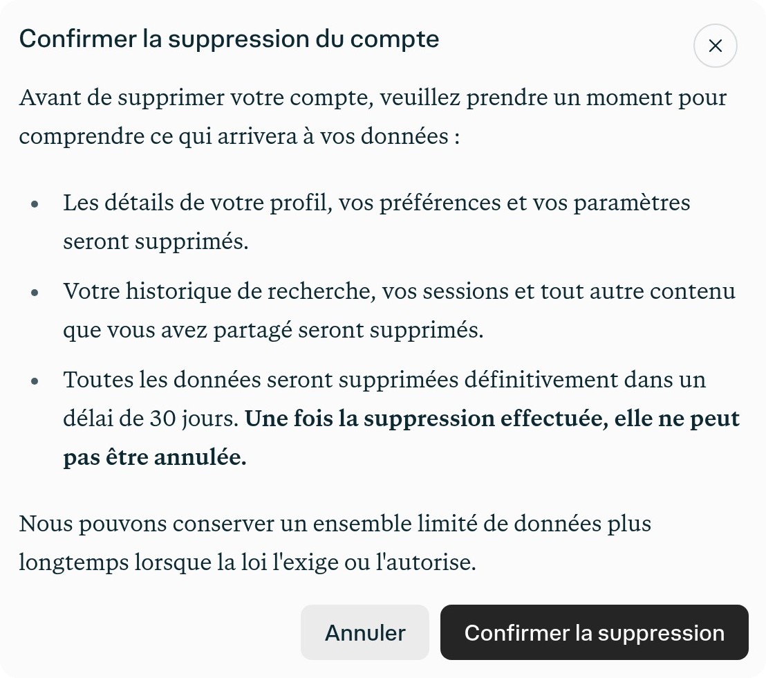Fenêtre de confirmation de suppression du compte dans les paramètres du compte Perplexity