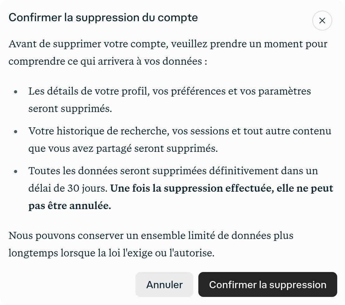 Fenêtre de confirmation de suppression du compte dans les paramètres du compte Perplexity