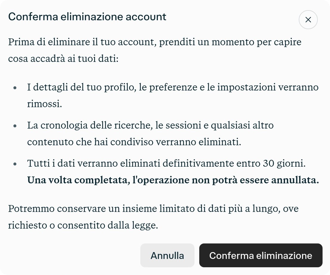 Finestra di conferma eliminazione account nelle impostazioni account Perplexity