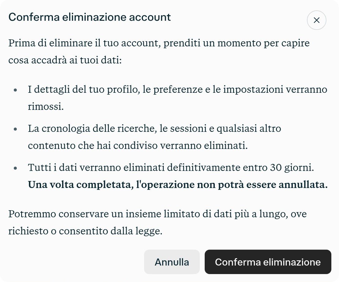 Finestra di conferma eliminazione account nelle impostazioni account Perplexity